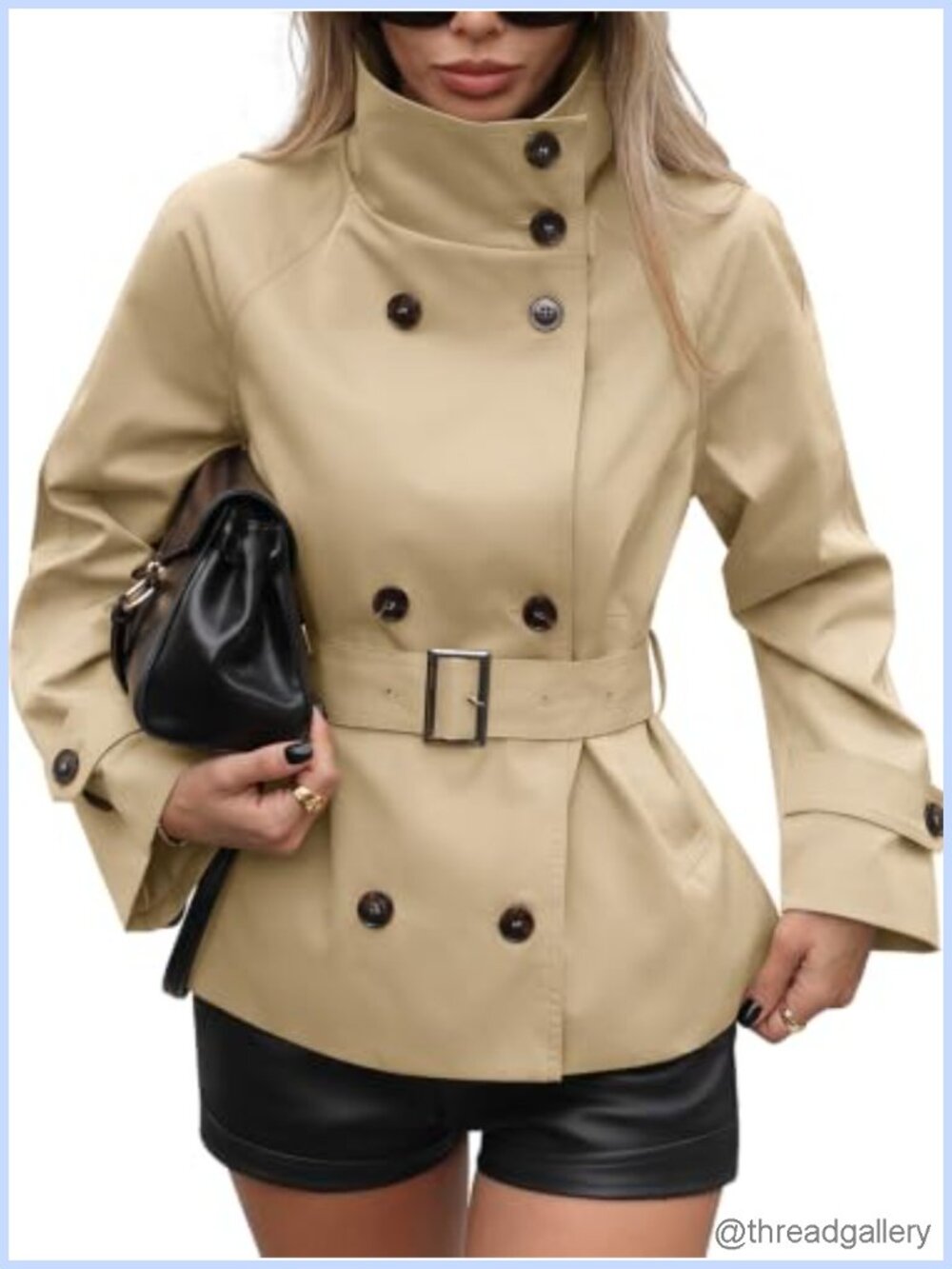 Womens Cropped Trench Coat Funnel Neck Belted Fall Jacket